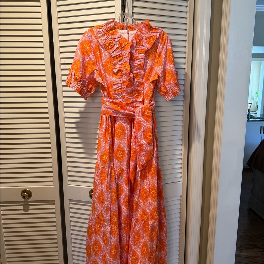 Vibrant Orange Puff Sleeve Midi Dress with Bib Collar